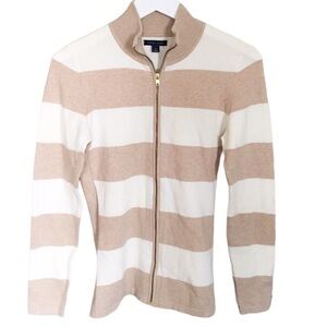 TOMMY HILFIGER Stripe School Preppy Cardigan With Zipper Knit Tan/Beige Medium